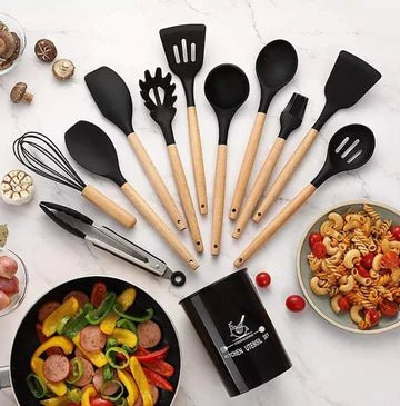 12-Piece Premium Silicone Kitchen Utensils Set – Heat-Resistant & Non-Stick Tools with Holder