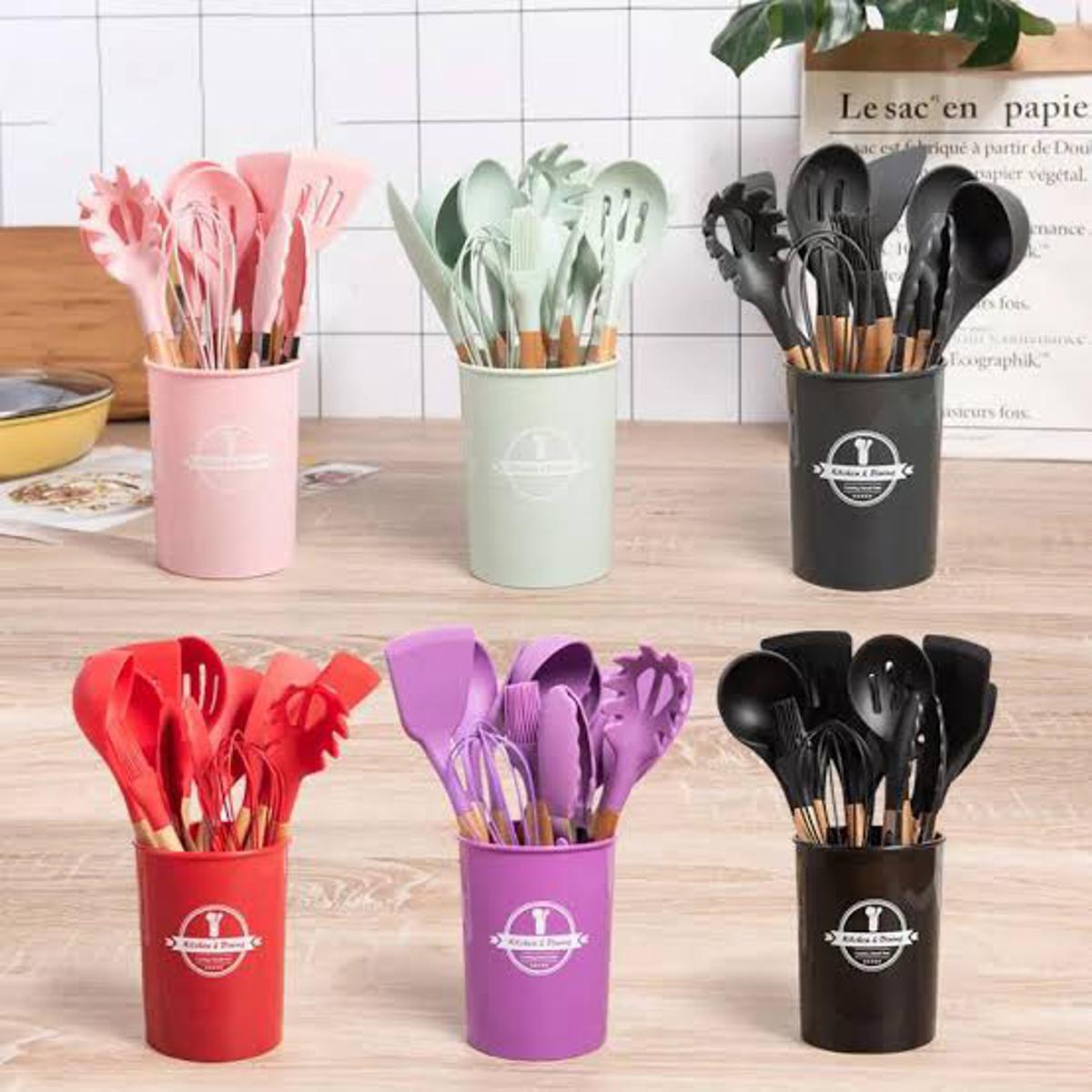 12-Piece Premium Silicone Kitchen Utensils Set – Heat-Resistant & Non-Stick Tools with Holder