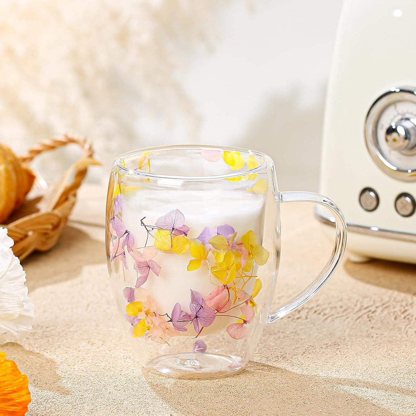 Double Walled Coffee Glass Mug with Aesthetic Dry Flowers