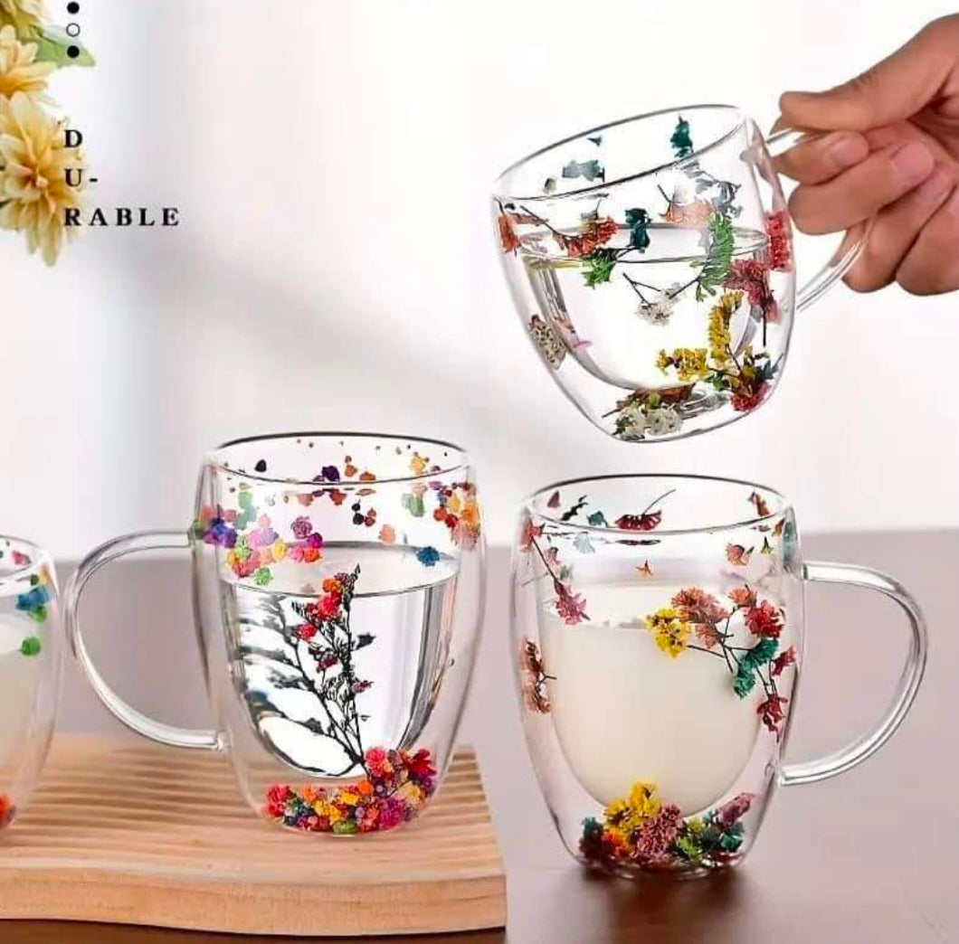 Double Walled Coffee Glass Mug with Aesthetic Dry Flowers