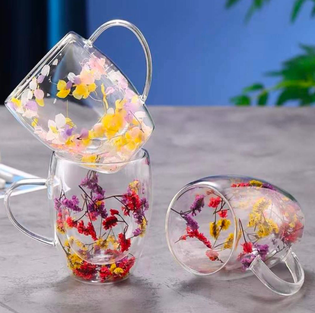 Double Walled Coffee Glass Mug with Aesthetic Dry Flowers