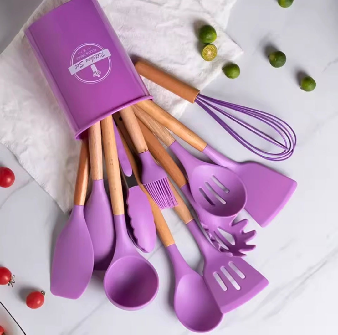 12-Piece Premium Silicone Kitchen Utensils Set – Heat-Resistant & Non-Stick Tools with Holder