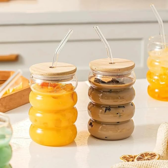 Ripple Glass Tumbler 500ml with Bamboo Lid & Glass Straw – Aesthetic Reusable Cup for Iced Coffee, Juice & Smoothies