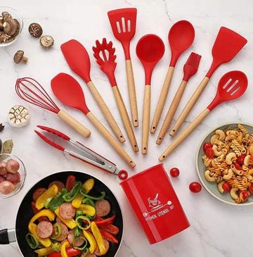 12-Piece Premium Silicone Kitchen Utensils Set – Heat-Resistant & Non-Stick Tools with Holder