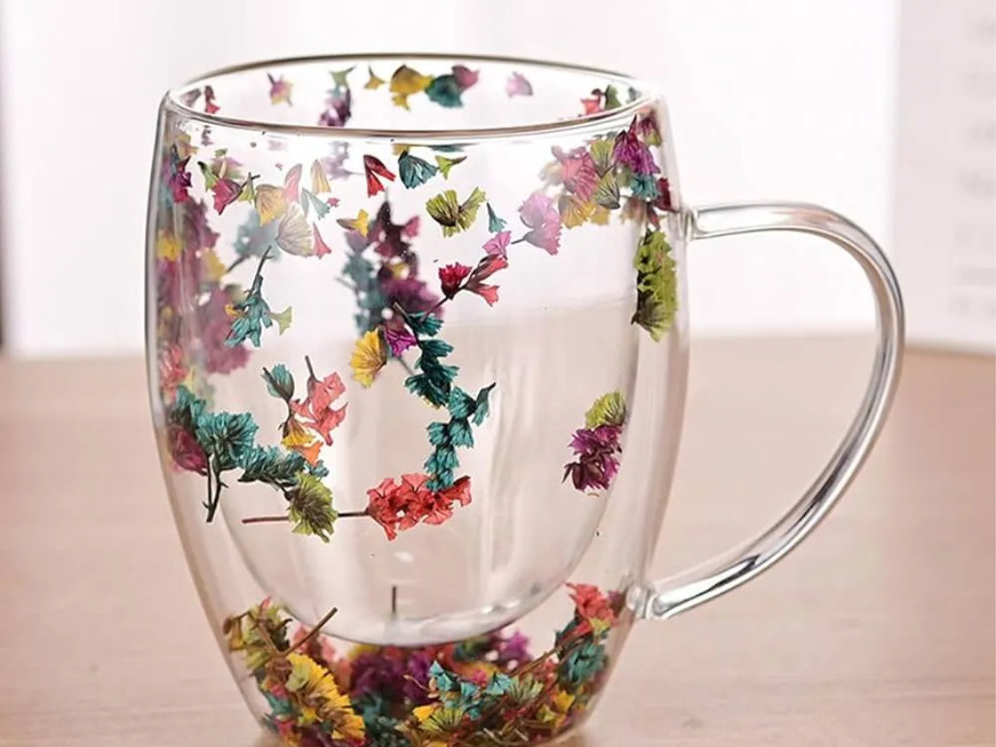 Double Walled Coffee Glass Mug with Aesthetic Dry Flowers