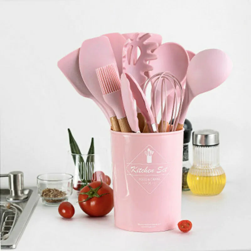 12-Piece Premium Silicone Kitchen Utensils Set – Heat-Resistant & Non-Stick Tools with Holder