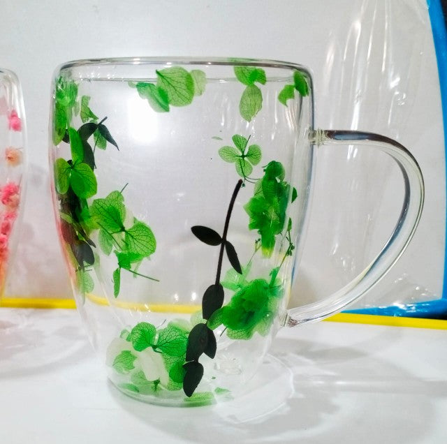 Double Walled Coffee Glass Mug with Aesthetic Dry Flowers