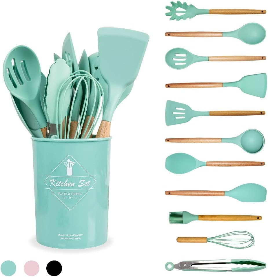 12-Piece Premium Silicone Kitchen Utensils Set – Heat-Resistant & Non-Stick Tools with Holder