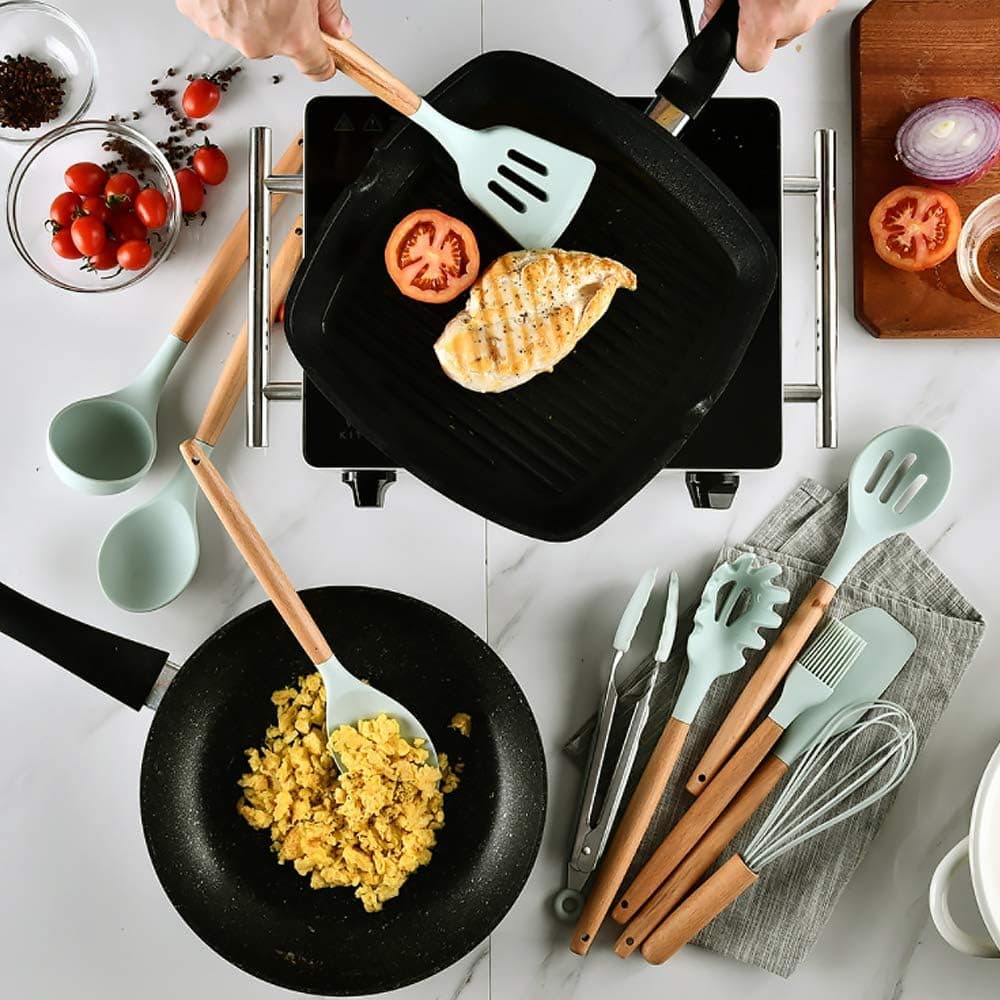 12-Piece Premium Silicone Kitchen Utensils Set – Heat-Resistant & Non-Stick Tools with Holder