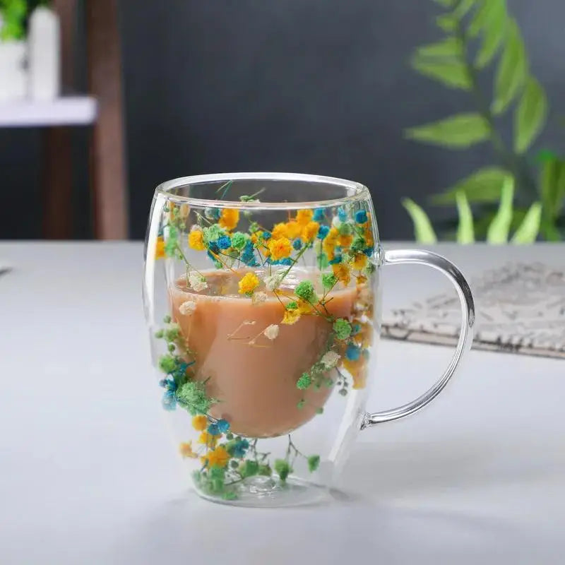 Double Walled Coffee Glass Mug with Aesthetic Dry Flowers