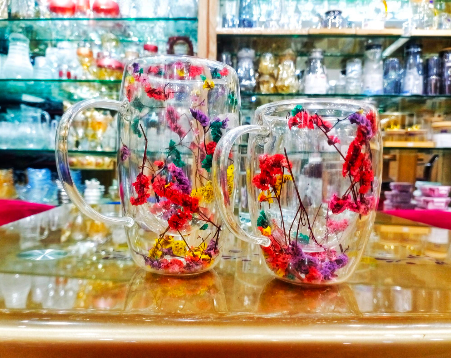 Double Walled Coffee Glass Mug with Aesthetic Dry Flowers