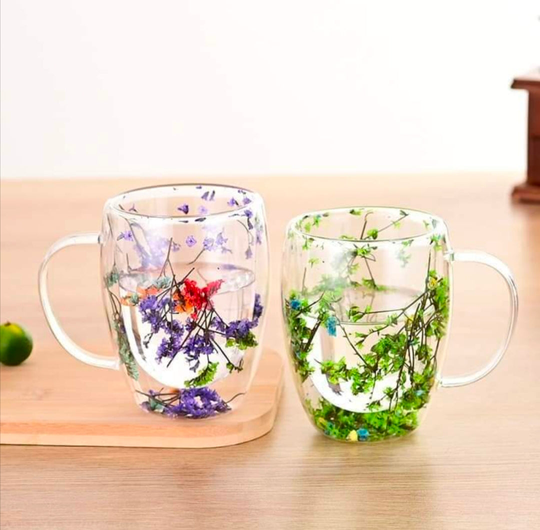 Double Walled Coffee Glass Mug with Aesthetic Dry Flowers
