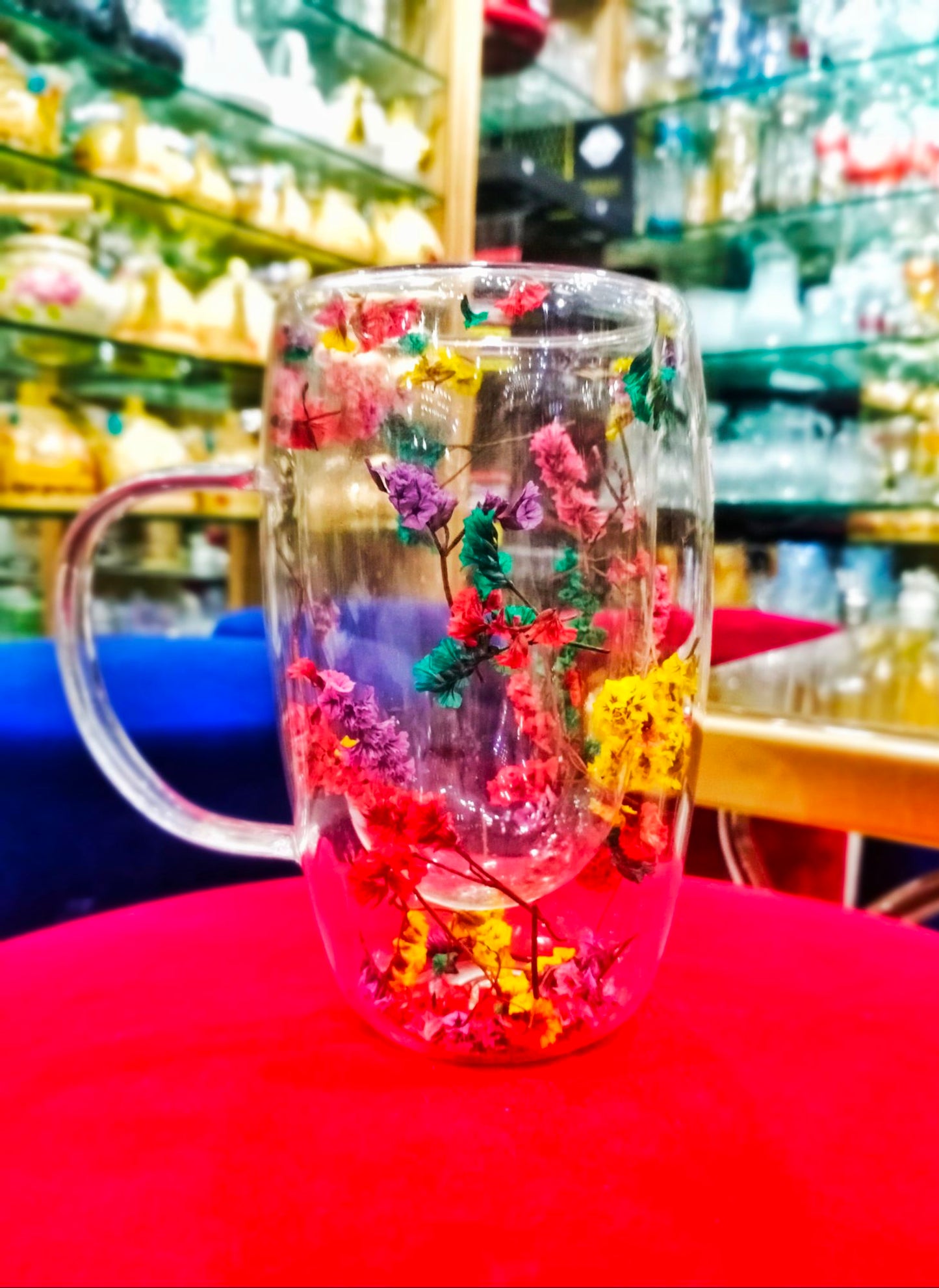 Double Walled Coffee Glass Mug with Aesthetic Dry Flowers