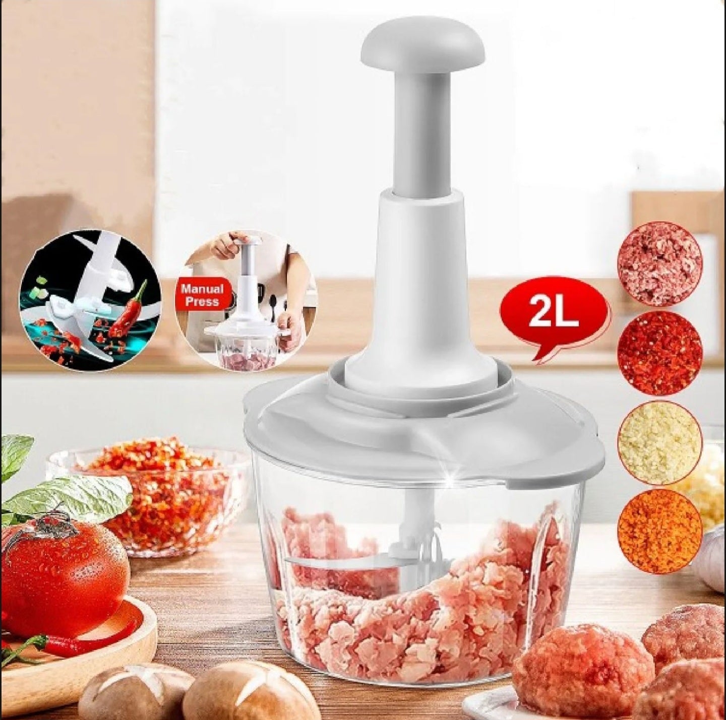 Manual Press-Type Vegetable Mincer & Cutter – 2 Litre