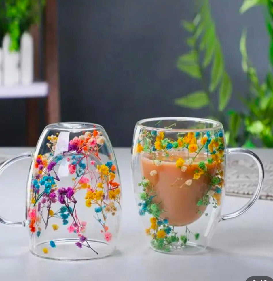 Double Walled Coffee Glass Mug with Aesthetic Dry Flowers