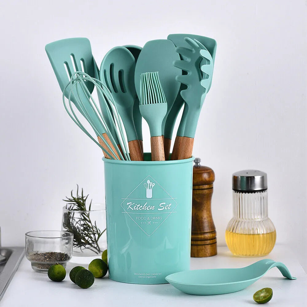 12-Piece Premium Silicone Kitchen Utensils Set – Heat-Resistant & Non-Stick Tools with Holder