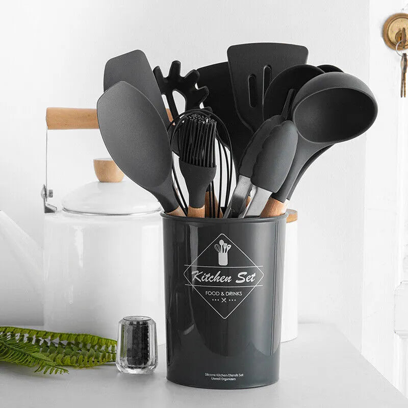 12-Piece Premium Silicone Kitchen Utensils Set – Heat-Resistant & Non-Stick Tools with Holder
