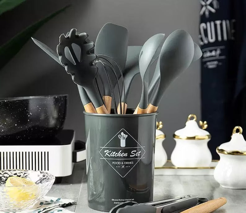 12-Piece Premium Silicone Kitchen Utensils Set – Heat-Resistant & Non-Stick Tools with Holder