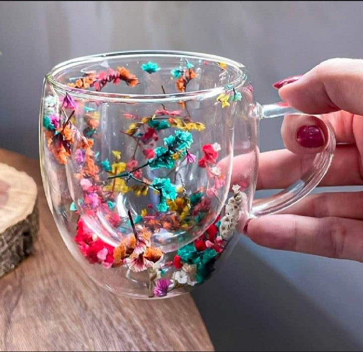Double Walled Coffee Glass Mug with Aesthetic Dry Flowers