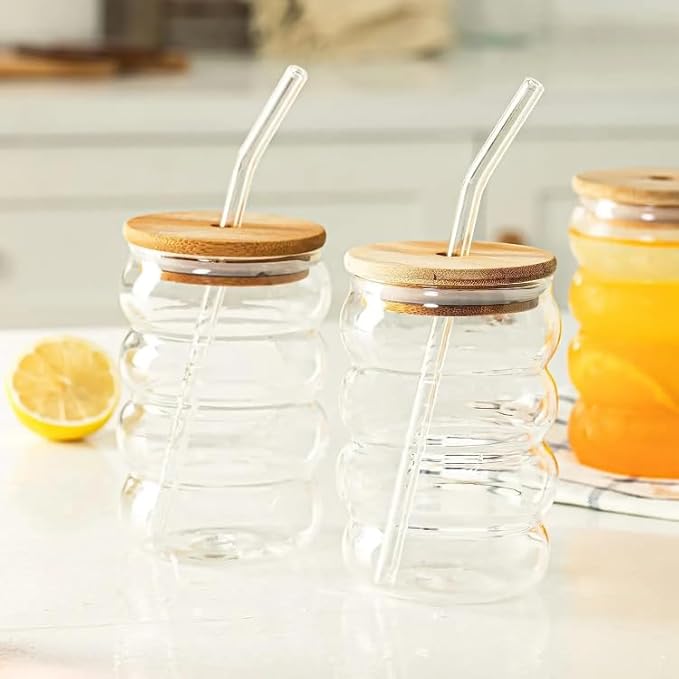 Ripple Glass Tumbler 500ml with Bamboo Lid & Glass Straw – Aesthetic Reusable Cup for Iced Coffee, Juice & Smoothies