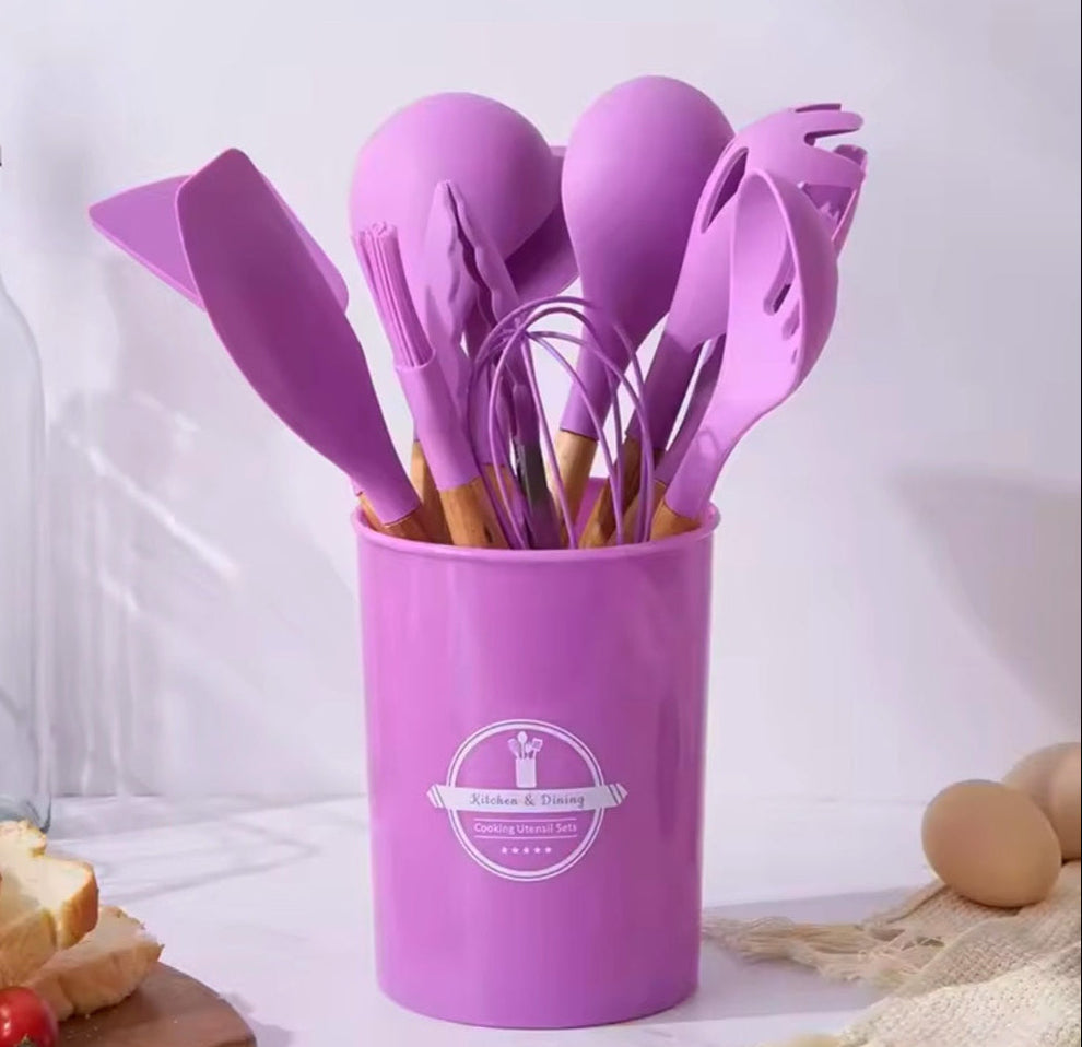 12-Piece Premium Silicone Kitchen Utensils Set – Heat-Resistant & Non-Stick Tools with Holder