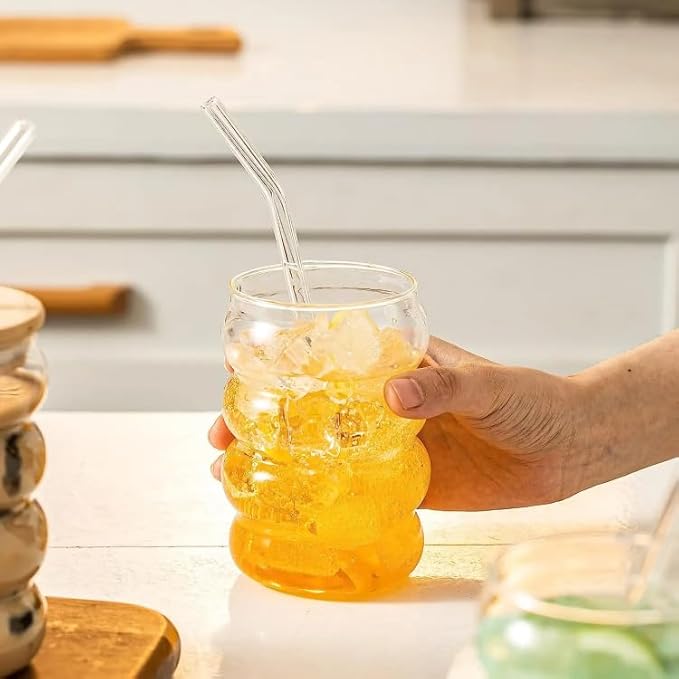 Ripple Glass Tumbler 500ml with Bamboo Lid & Glass Straw – Aesthetic Reusable Cup for Iced Coffee, Juice & Smoothies