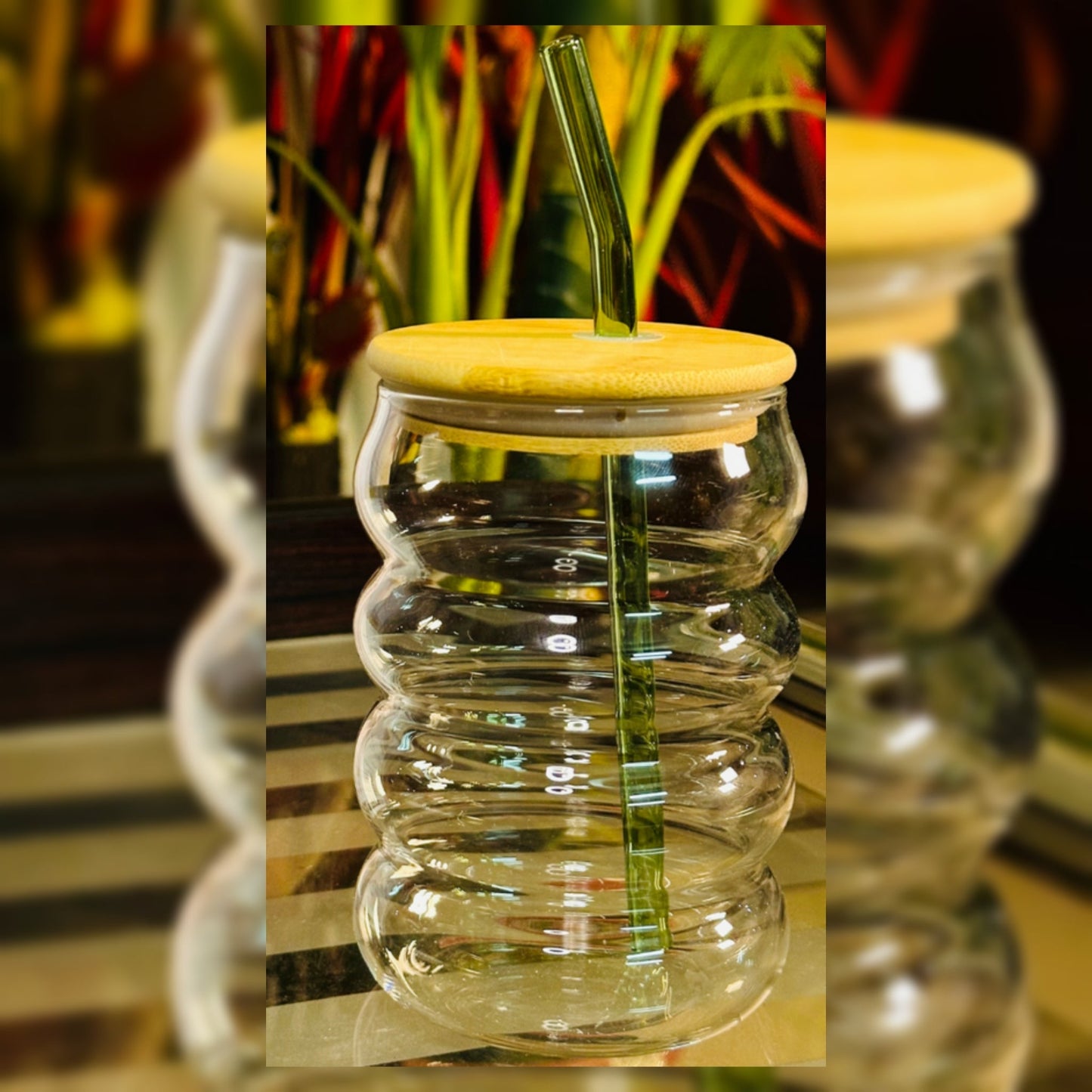 Ripple Glass Tumbler 500ml with Bamboo Lid & Glass Straw – Aesthetic Reusable Cup for Iced Coffee, Juice & Smoothies