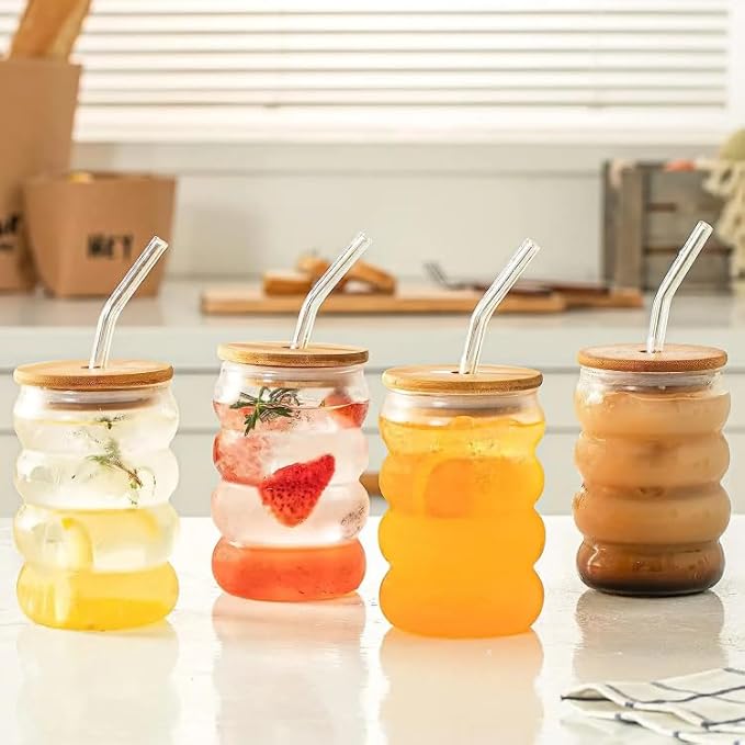 Ripple Glass Tumbler 500ml with Bamboo Lid & Glass Straw – Aesthetic Reusable Cup for Iced Coffee, Juice & Smoothies