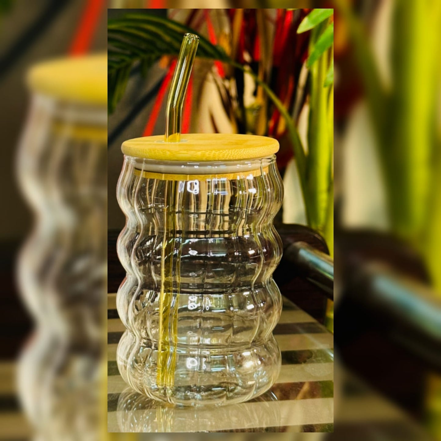 Ripple Glass Tumbler 500ml with Bamboo Lid & Glass Straw – Aesthetic Reusable Cup for Iced Coffee, Juice & Smoothies