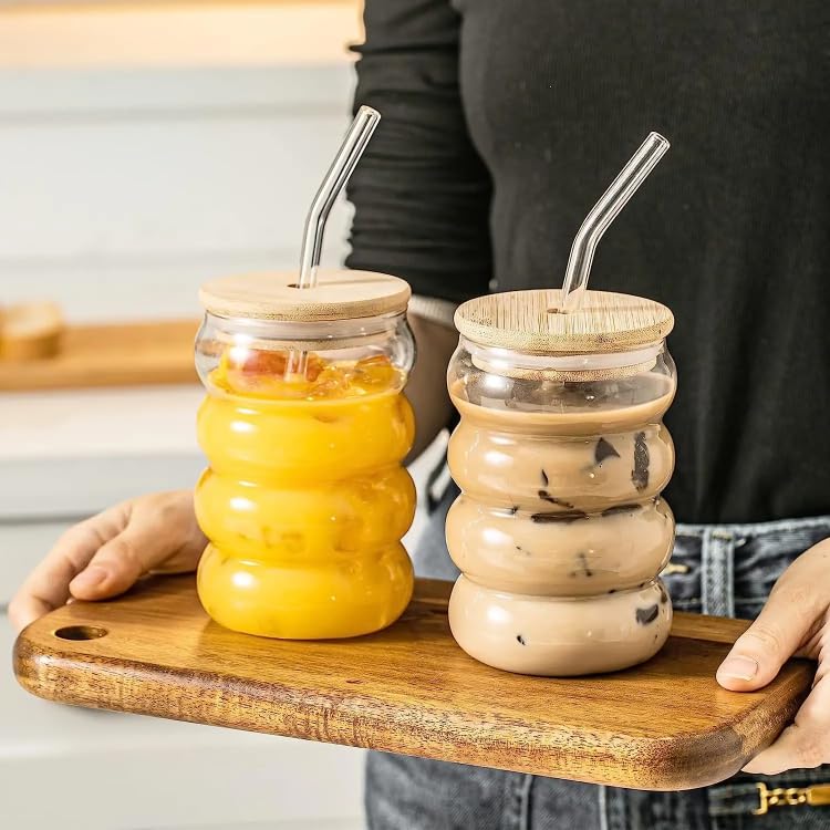 Ripple Glass Tumbler 500ml with Bamboo Lid & Glass Straw – Aesthetic Reusable Cup for Iced Coffee, Juice & Smoothies